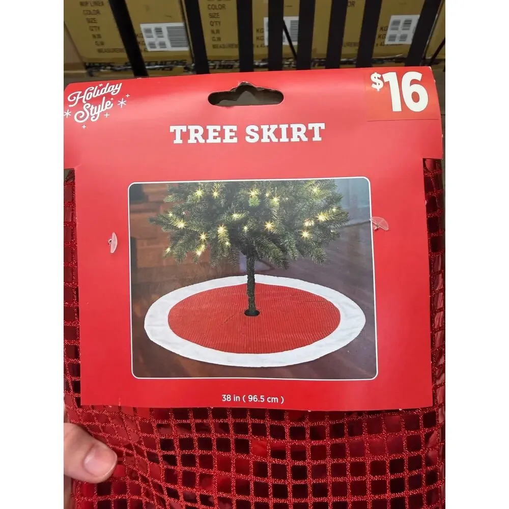 New Red Mirror Tile Christmas Tree Skirt 38” White Faux Fur Holiday Decor